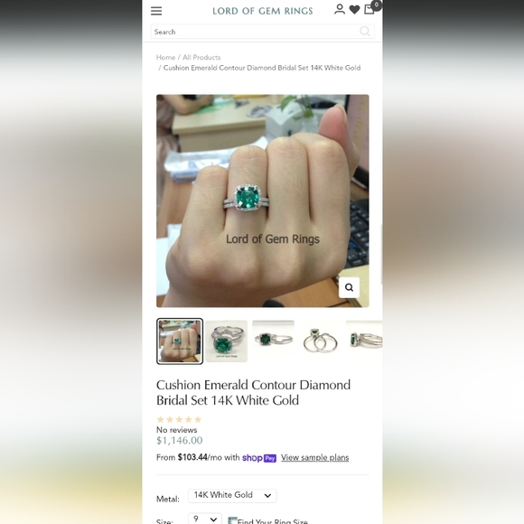 Lord of Gem Rings Jewelry - Cushion Emerald Contour Diamond Bridal Set 14kt White Gold